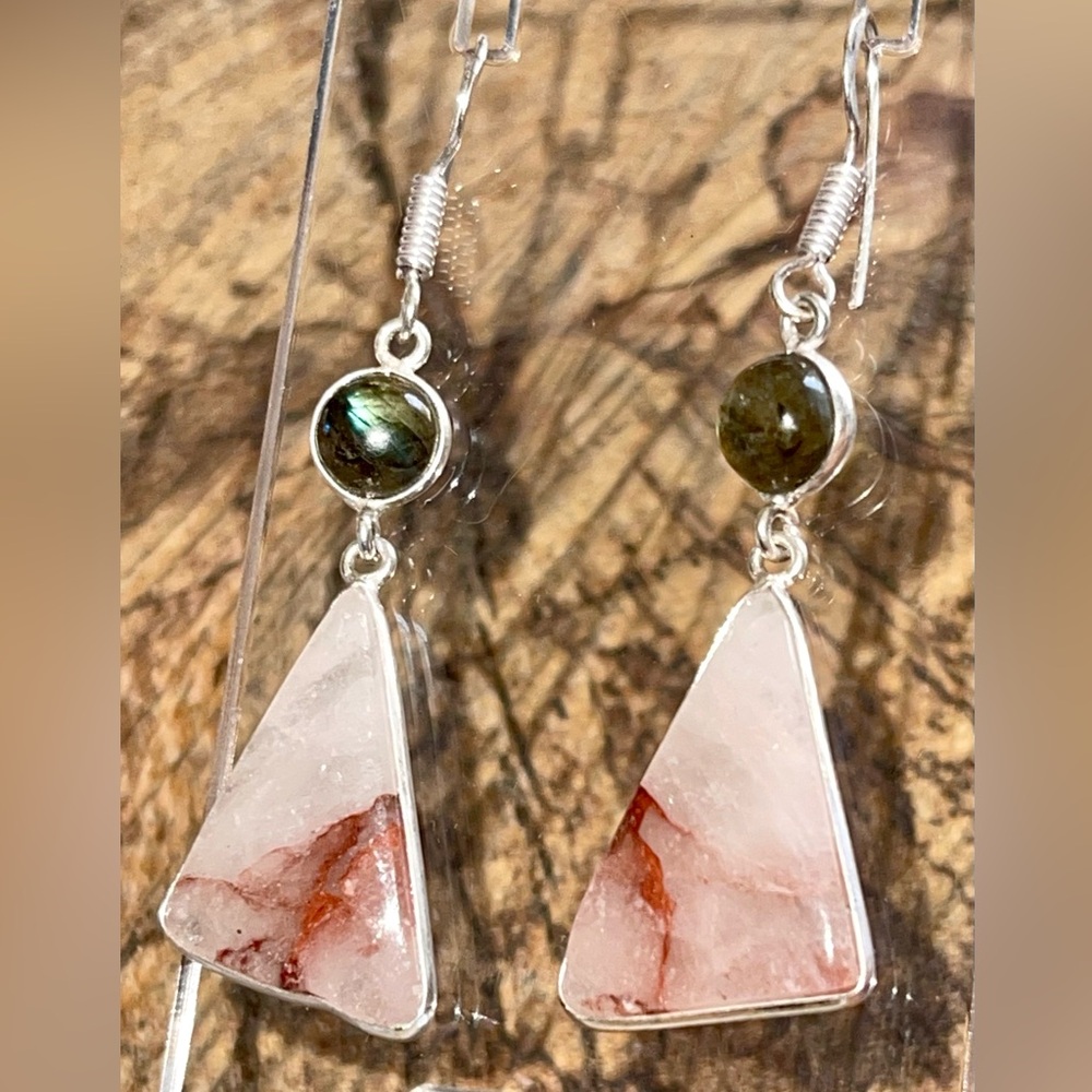 Labradorite & Phantom Fire Quartz Earrings 2” - Picture 7 of 13